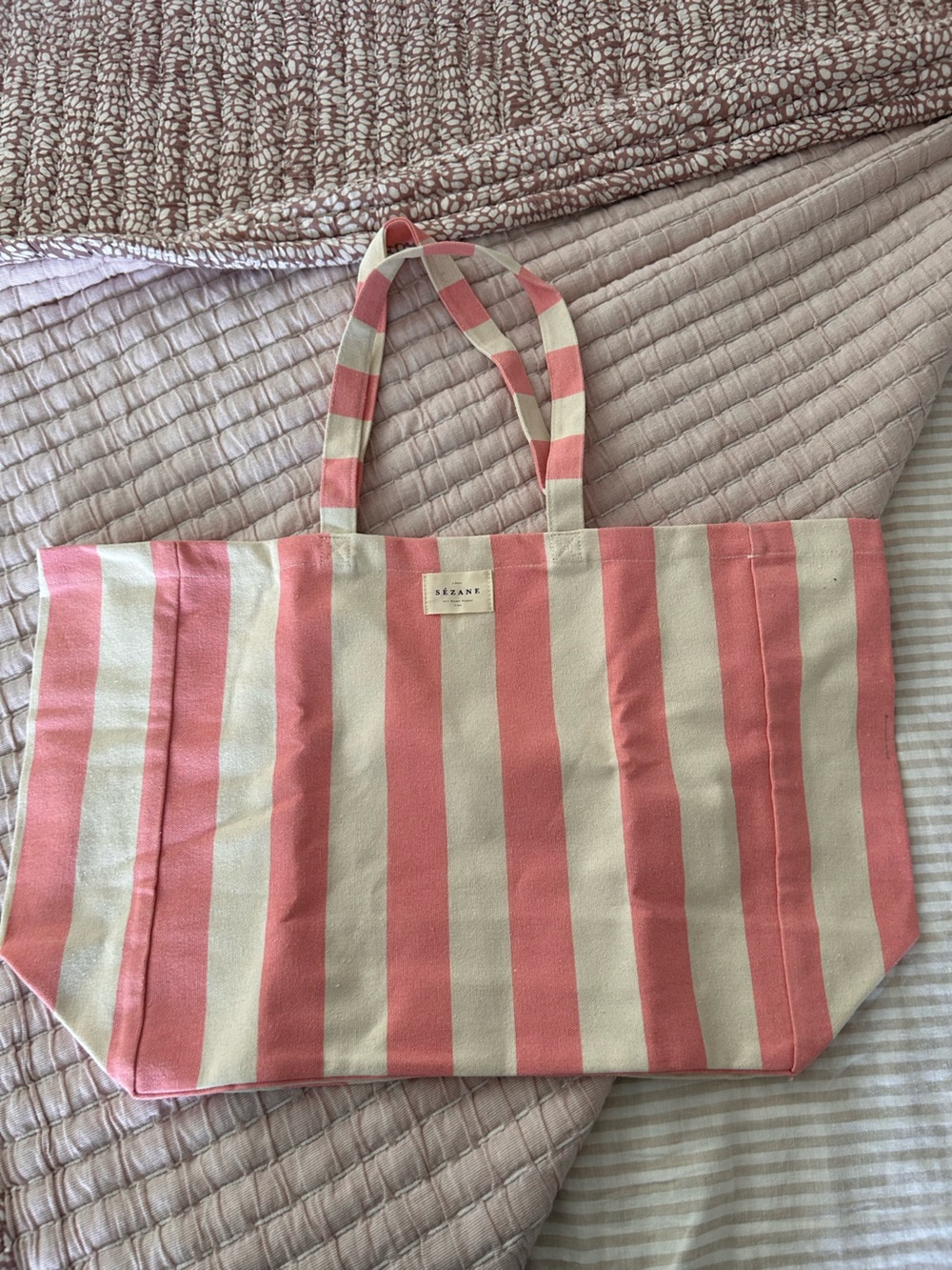 Sezane Pink and Cream Striped Tote Bag